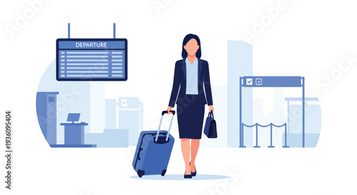 Modern flat vector illustration of business traveler walking through airport terminal with suitcase and laptop bag representing professional travel lifestyle and corporate mobility