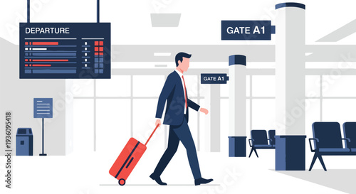 Modern flat vector illustration of business traveler walking through airport terminal with suitcase and laptop bag representing professional travel lifestyle and corporate mobility