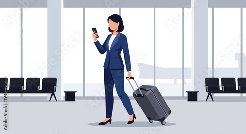 Modern flat vector illustration of businesswoman checking flight details on smartphone while holding luggage representing organized corporate travel planning and schedule management