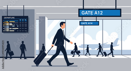 Modern flat vector illustration of business traveler walking through airport terminal with suitcase and laptop bag representing professional travel lifestyle and corporate mobility