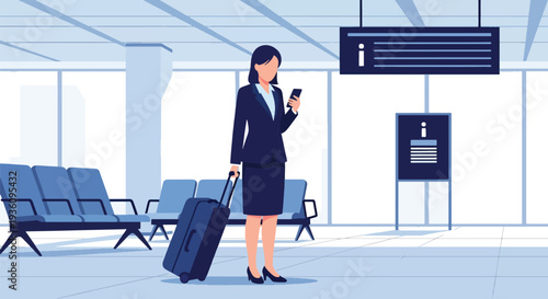 Modern flat vector illustration of businesswoman checking flight details on smartphone while holding luggage representing organized corporate travel planning and schedule management