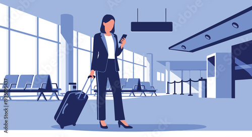 Modern flat vector illustration of businesswoman checking flight details on smartphone while holding luggage representing organized corporate travel planning and schedule management