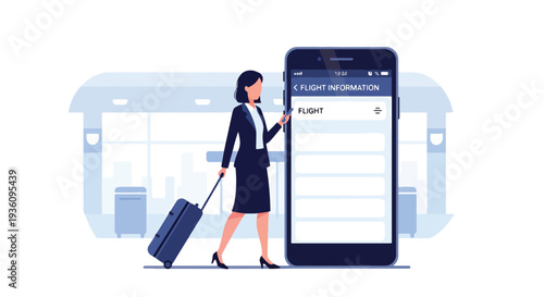 Modern flat vector illustration of businesswoman checking flight details on smartphone while holding luggage representing organized corporate travel planning and schedule management