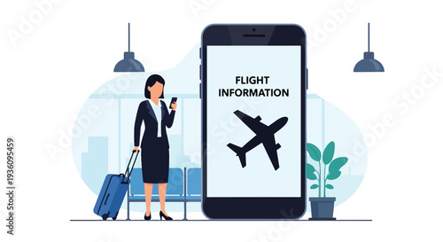 Modern flat vector illustration of businesswoman checking flight details on smartphone while holding luggage representing organized corporate travel planning and schedule management