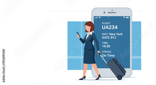 Modern flat vector illustration of businesswoman checking flight details on smartphone while holding luggage representing organized corporate travel planning and schedule management
