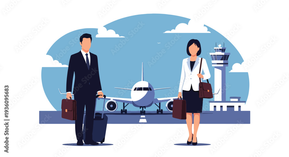 Fototapeta premium Modern flat vector illustration of business professionals boarding airplane with luggage representing corporate trip, global mobility and international business travel