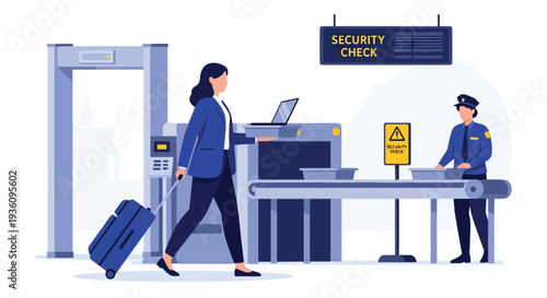 Modern flat vector illustration of business traveler passing airport security check with luggage and laptop tray representing routine corporate travel procedure and safety