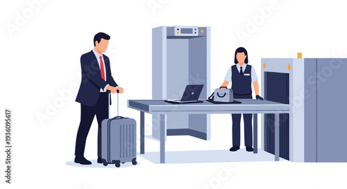 Modern flat vector illustration of business traveler passing airport security check with luggage and laptop tray representing routine corporate travel procedure and safety