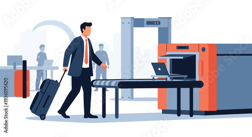 Modern flat vector illustration of business traveler passing airport security check with luggage and laptop tray representing routine corporate travel procedure and safety