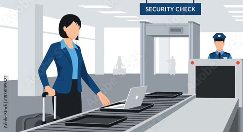 Modern flat vector illustration of business traveler passing airport security check with luggage and laptop tray representing routine corporate travel procedure and safety