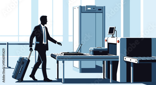 Modern flat vector illustration of business traveler passing airport security check with luggage and laptop tray representing routine corporate travel procedure and safety