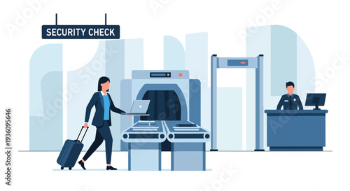 Modern flat vector illustration of business traveler passing airport security check with luggage and laptop tray representing routine corporate travel procedure and safety