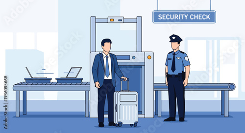 Modern flat vector illustration of business traveler passing airport security check with luggage and laptop tray representing routine corporate travel procedure and safety