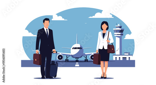 Modern flat vector illustration of business professionals boarding airplane with luggage representing corporate trip, global mobility and international business travel