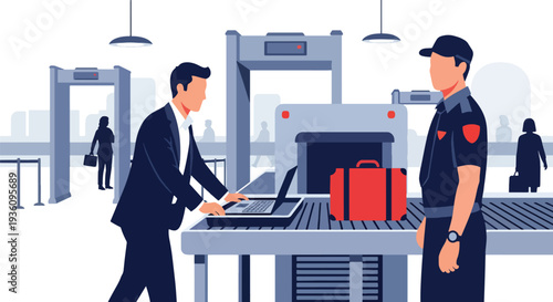 Modern flat vector illustration of business traveler passing airport security check with luggage and laptop tray representing routine corporate travel procedure and safety