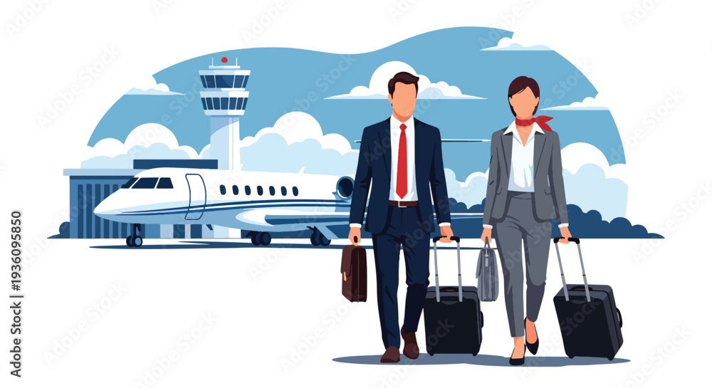 Obraz premium Modern flat vector illustration of business professionals boarding airplane with luggage representing corporate trip, global mobility and international business travel