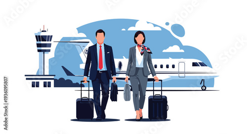 Modern flat vector illustration of business professionals boarding airplane with luggage representing corporate trip, global mobility and international business travel