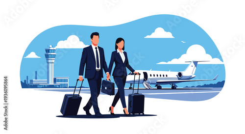 Modern flat vector illustration of business professionals boarding airplane with luggage representing corporate trip, global mobility and international business travel