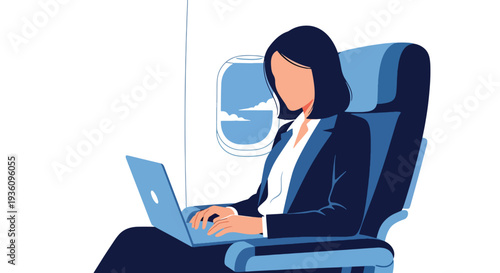 Modern flat vector illustration of business traveler using laptop inside airplane cabin representing productivity during flight and modern remote work lifestyle