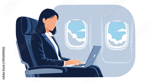 Modern flat vector illustration of business traveler using laptop inside airplane cabin representing productivity during flight and modern remote work lifestyle