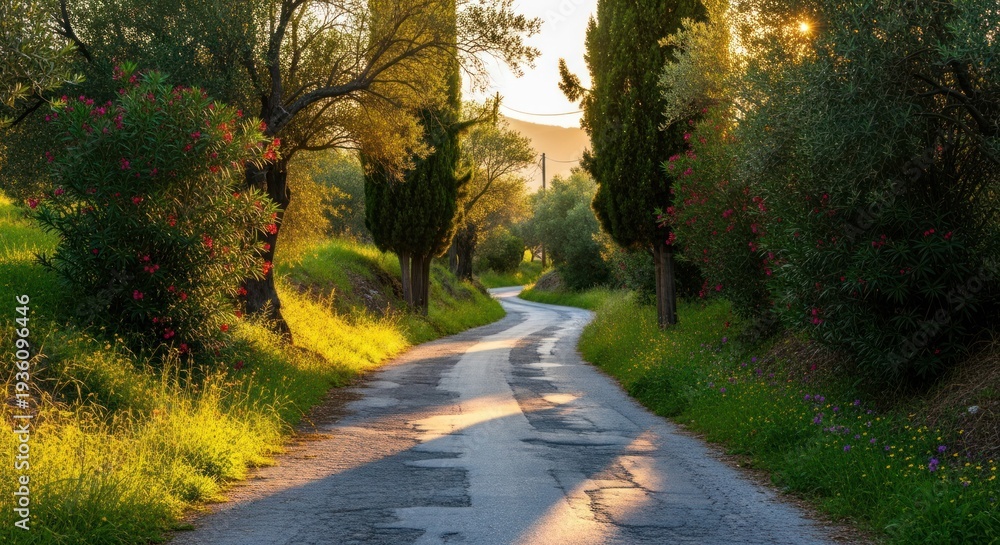 Obraz premium Winding, sunlit asphalt road through lush greenery, flanked by trees and wildflowers
