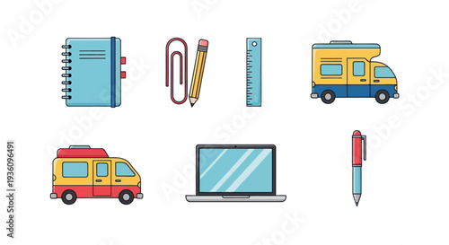 Assorted office supplies and vehicles