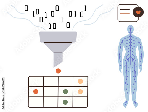 Artificial intelligence, data analysis, health tech, machine learning, digital healthcare, visualization. Binary code flowing into a funnel with grid data and a nervous system diagram. Artificial