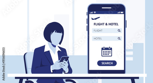 Modern flat vector illustration of business traveler booking flights and hotel on smartphone and laptop representing digital travel planning and corporate management