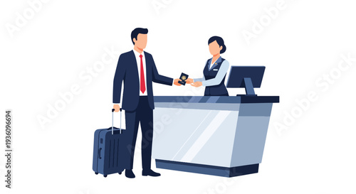 Modern flat vector illustration of business traveler checking in at hotel reception with suitcase representing corporate accommodation and professional travel routine