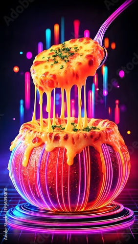 A delectable onion soup overflowing with melted cheese is served in a vibrant futuristic setting with colorful neon lights emphasizing its unique presentation.