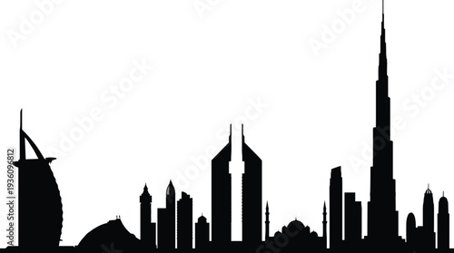 Dubai skyline silhouette vector illustration, famous landmarks cityscape with Burj Khalifa and Burj Al Arab isolated
