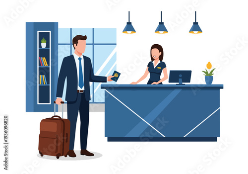 Modern flat vector illustration of business traveler checking in at hotel reception with suitcase representing corporate accommodation and professional travel routine