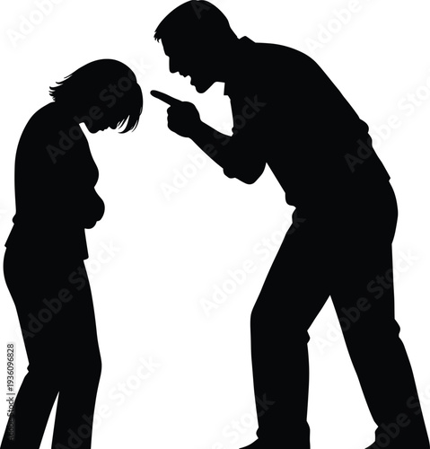 Domestic conflict silhouette, angry man shouting at sad woman, emotional abuse argument concept black and white vector illustration