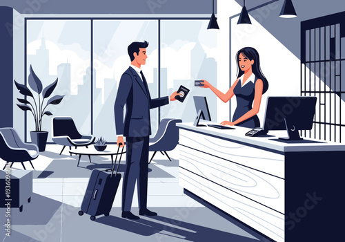 Modern flat vector illustration of business traveler checking in at hotel reception with suitcase representing corporate accommodation and professional travel routine