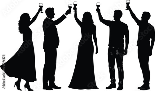 Elegant party silhouettes with wine glasses, men and women toasting celebration isolated black figures on white background