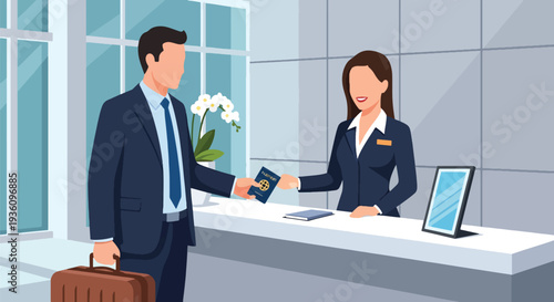 Modern flat vector illustration of business traveler checking in at hotel reception with suitcase representing corporate accommodation and professional travel routine