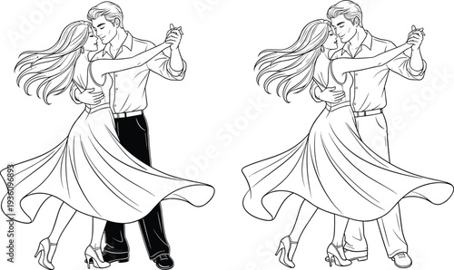 Elegant couple dancing ballroom waltz, romantic line art illustration of man and woman in formal attire, graceful movement isolated