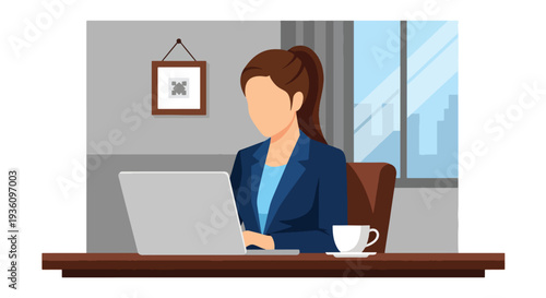 Modern flat vector illustration of business traveler working in hotel bedroom with laptop and coffee representing calm corporate travel routine 
