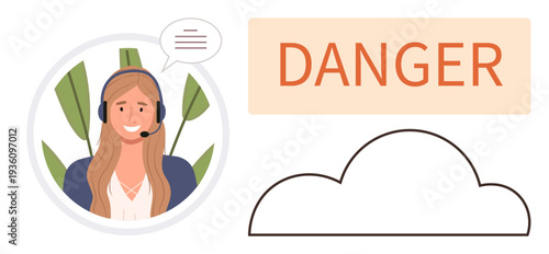 Customer service, online communication, tech support, safety warnings, risk management, cloud technology. Woman wearing headset with speech bubble, danger sign and cloud. Online communication