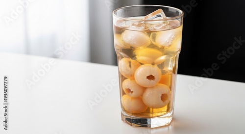 Tall glass filled with lychee fruit and ice cubes, immersed in a light-colored liquid