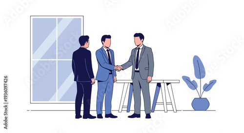 Modern flat vector illustration of professionals networking and shaking hands at conference venue representing partnership, communication and corporate travel event