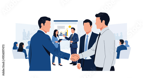 Modern flat vector illustration of professionals networking and shaking hands at conference venue representing partnership, communication and corporate travel event
