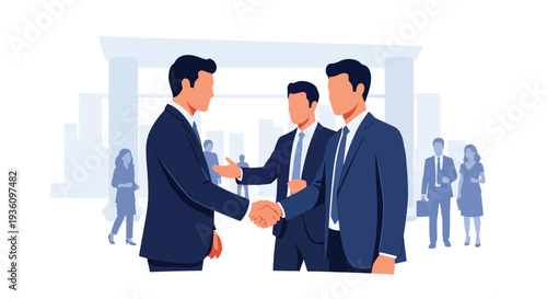Modern flat vector illustration of professionals networking and shaking hands at conference venue representing partnership, communication and corporate travel event