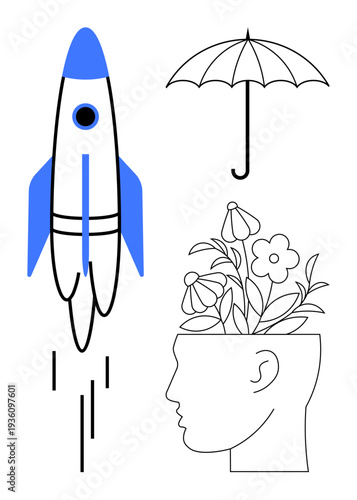 Rocket launching for innovation, open head with blooming flowers for creativity, umbrella for protection. Ideal for imagination, growth, innovation, creativity, protection, mental health
