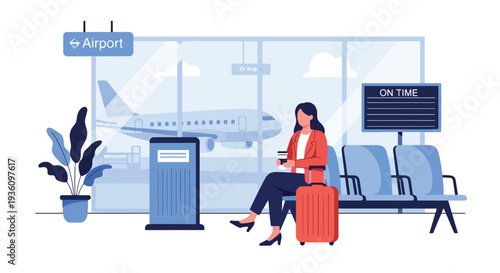 Modern flat vector illustration of business traveler waiting at airport gate with suitcase and coffee representing calm corporate travel routine before departure