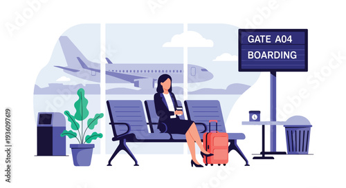 Modern flat vector illustration of business traveler waiting at airport gate with suitcase and coffee representing calm corporate travel routine before departure