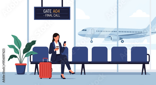 Modern flat vector illustration of business traveler waiting at airport gate with suitcase and coffee representing calm corporate travel routine before departure
