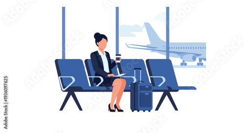 Modern flat vector illustration of business traveler waiting at airport gate with suitcase and coffee representing calm corporate travel routine before departure