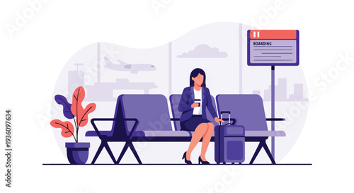Modern flat vector illustration of business traveler waiting at airport gate with suitcase and coffee representing calm corporate travel routine before departure
