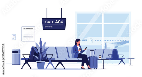 Modern flat vector illustration of business traveler waiting at airport gate with suitcase and coffee representing calm corporate travel routine before departure